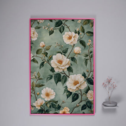 Sage Rose Pattern Canvas Print for Pastel Decor in pink floating frame