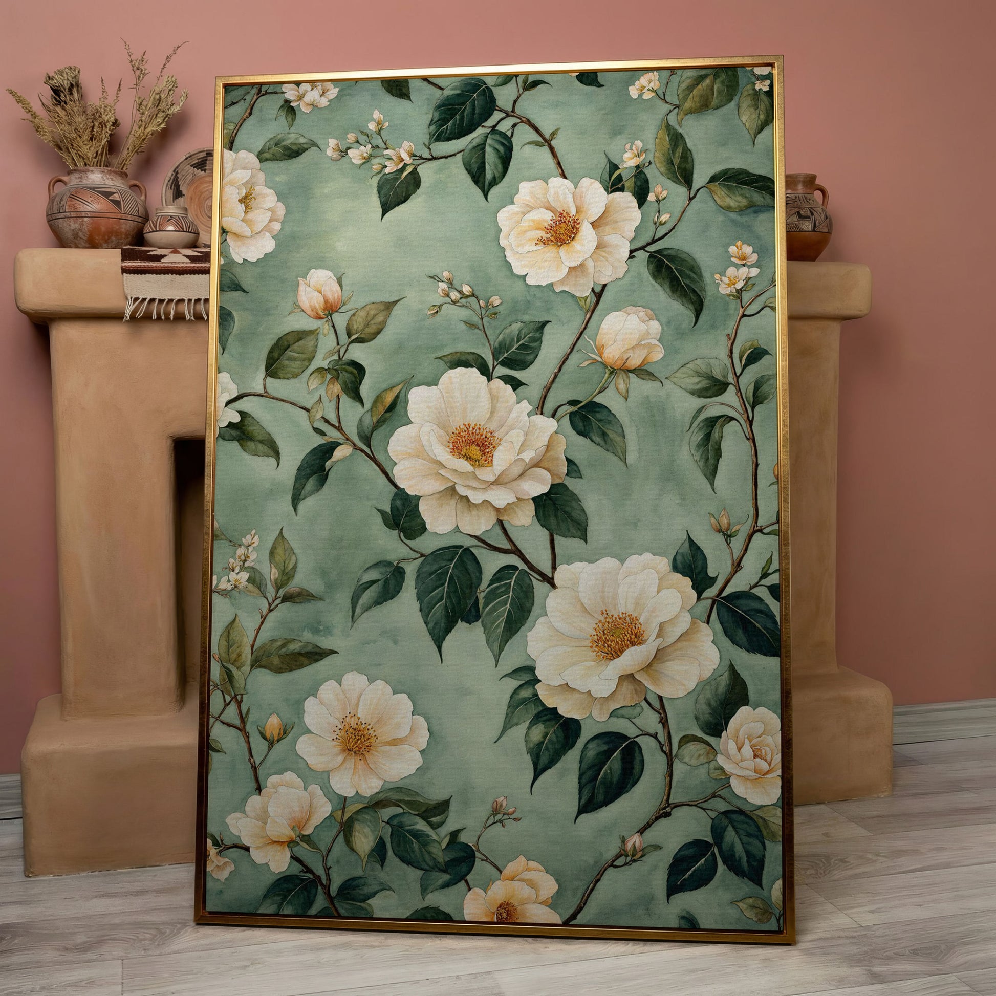 Sage Rose Pattern Canvas Print for Pastel Decor in rose gold floating frame