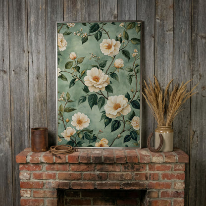 Sage Rose Pattern Canvas Print for Pastel Decor in silver floating frame