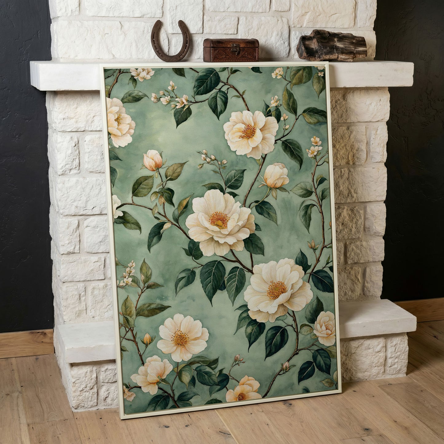 Sage Rose Pattern Canvas Print for Pastel Decor in white floating frame