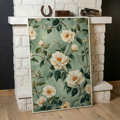 Sage Rose Pattern Canvas Print for Pastel Decor in white floating frame
