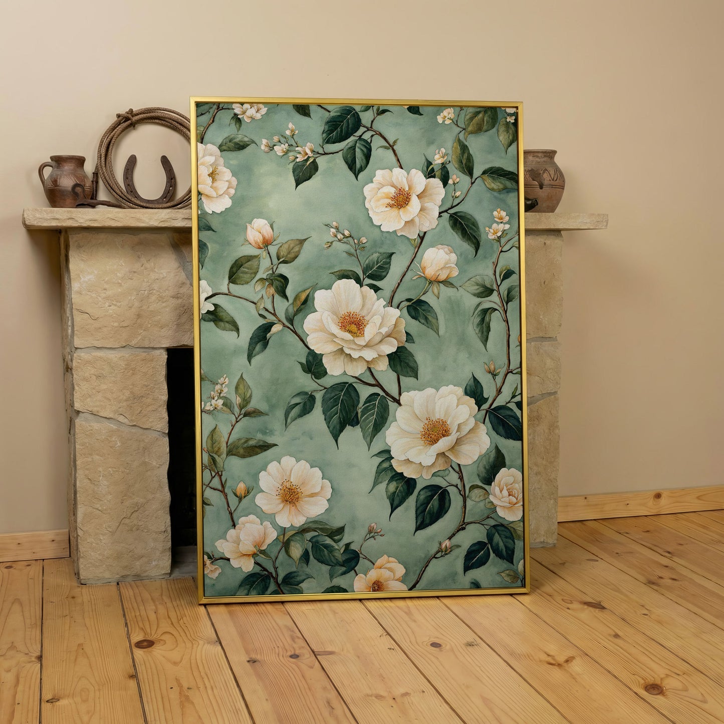 Sage Rose Pattern Canvas Print for Pastel Decor in yellow gold floating frame