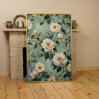 Sage Rose Pattern Canvas Print for Pastel Decor in yellow gold floating frame