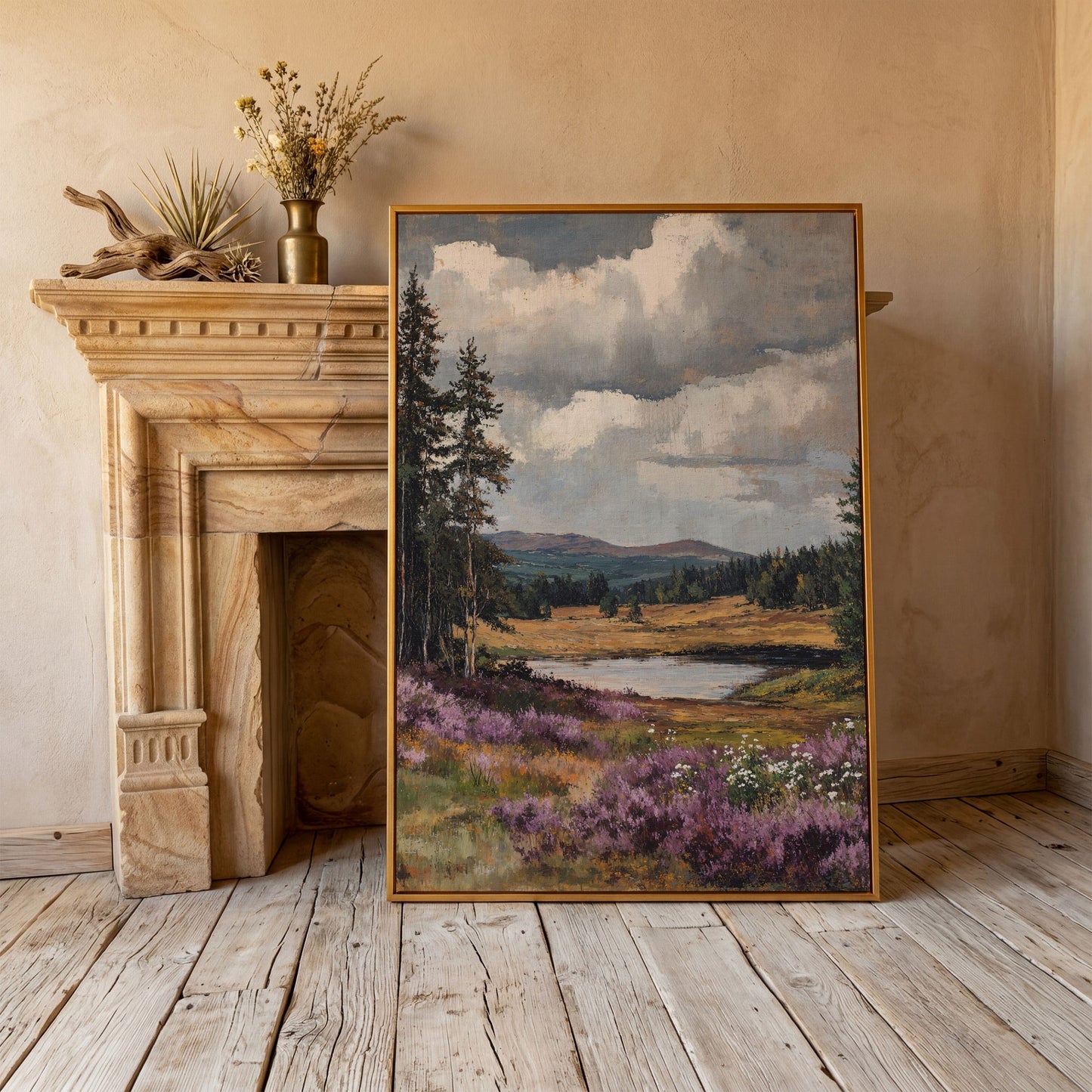 Serene Vintage Landscape with Lavender Meadow canvas in antique gold floating frame