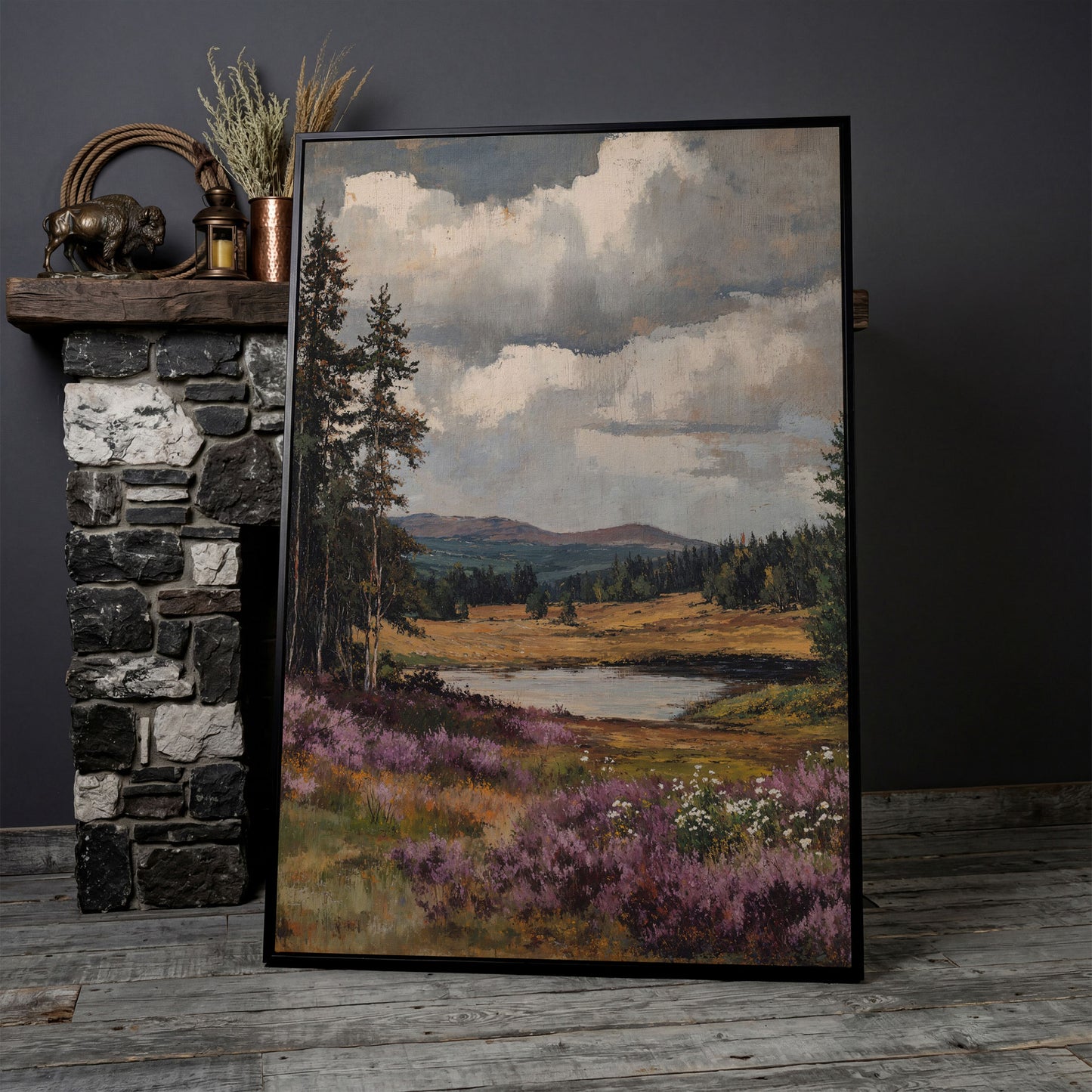 Serene Vintage Landscape with Lavender Meadow canvas in black floating frame