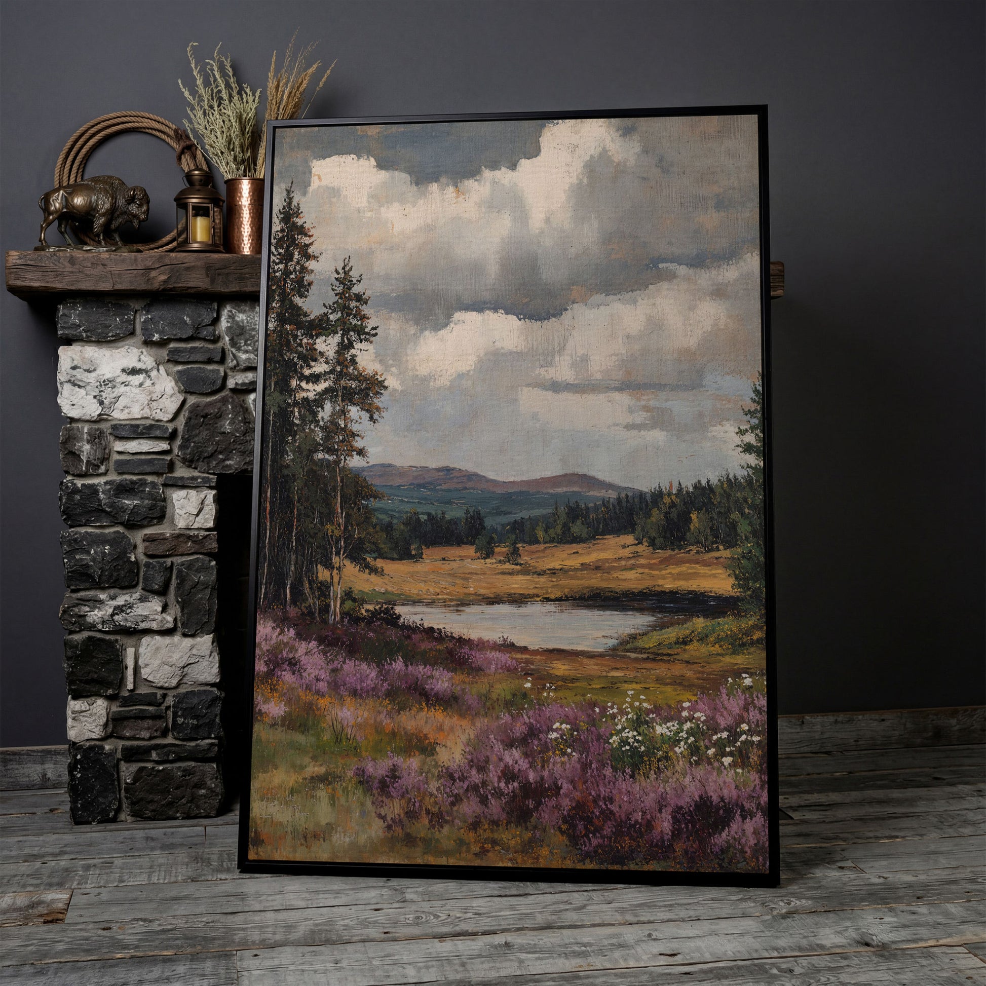 Serene Vintage Landscape with Lavender Meadow canvas in black floating frame