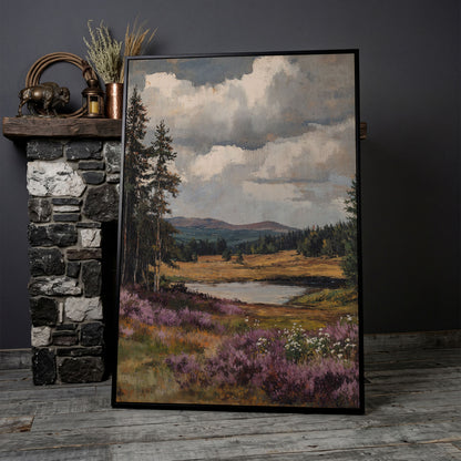 Serene Vintage Landscape with Lavender Meadow canvas in black floating frame