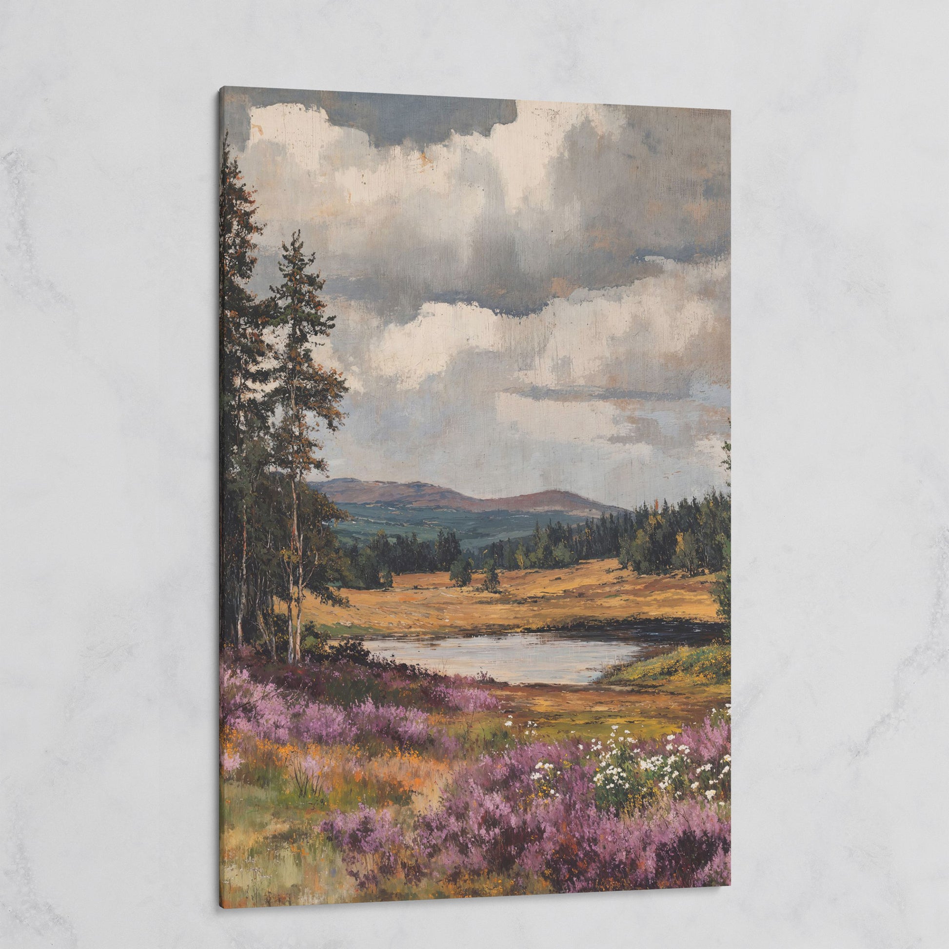 Serene Vintage Landscape with Lavender Meadow on gallery wrap canvas