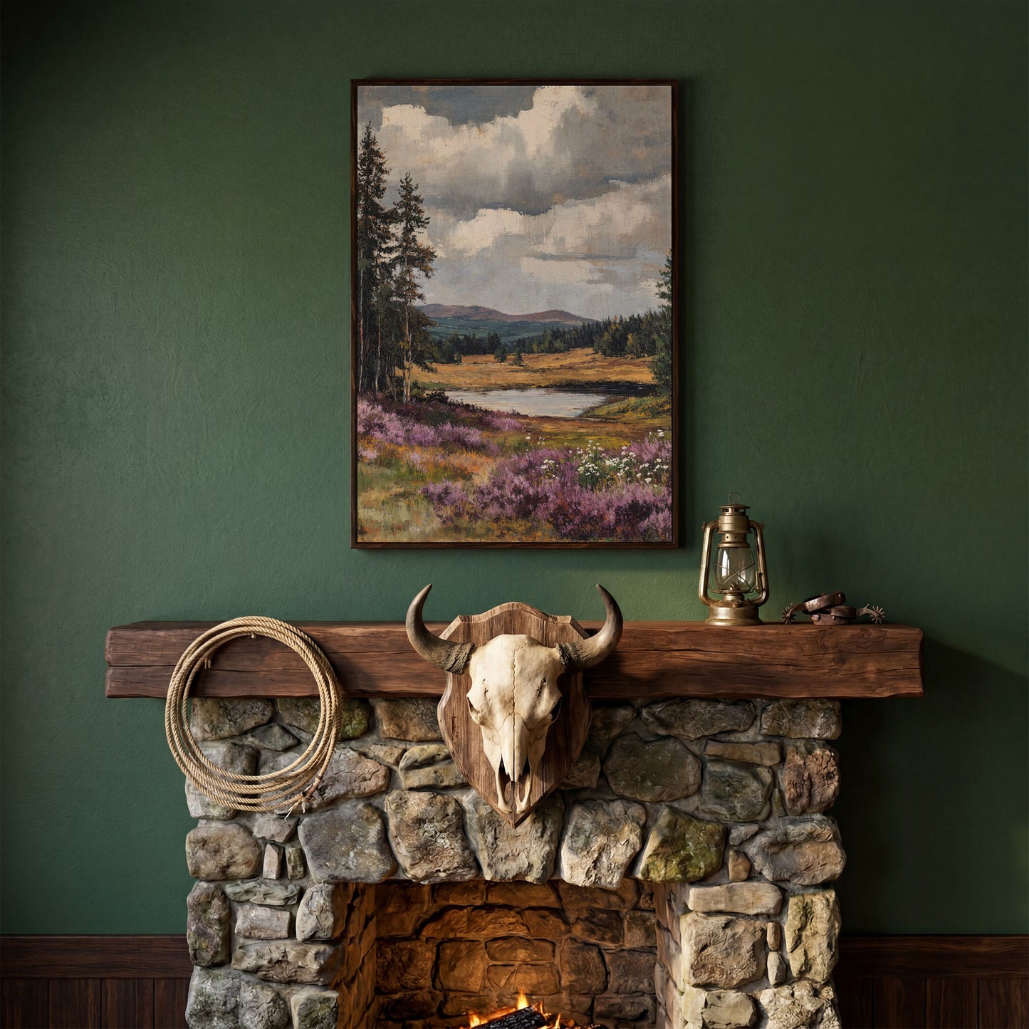 Serene Vintage Landscape with Lavender Meadow canvas in dark walnut floating frame