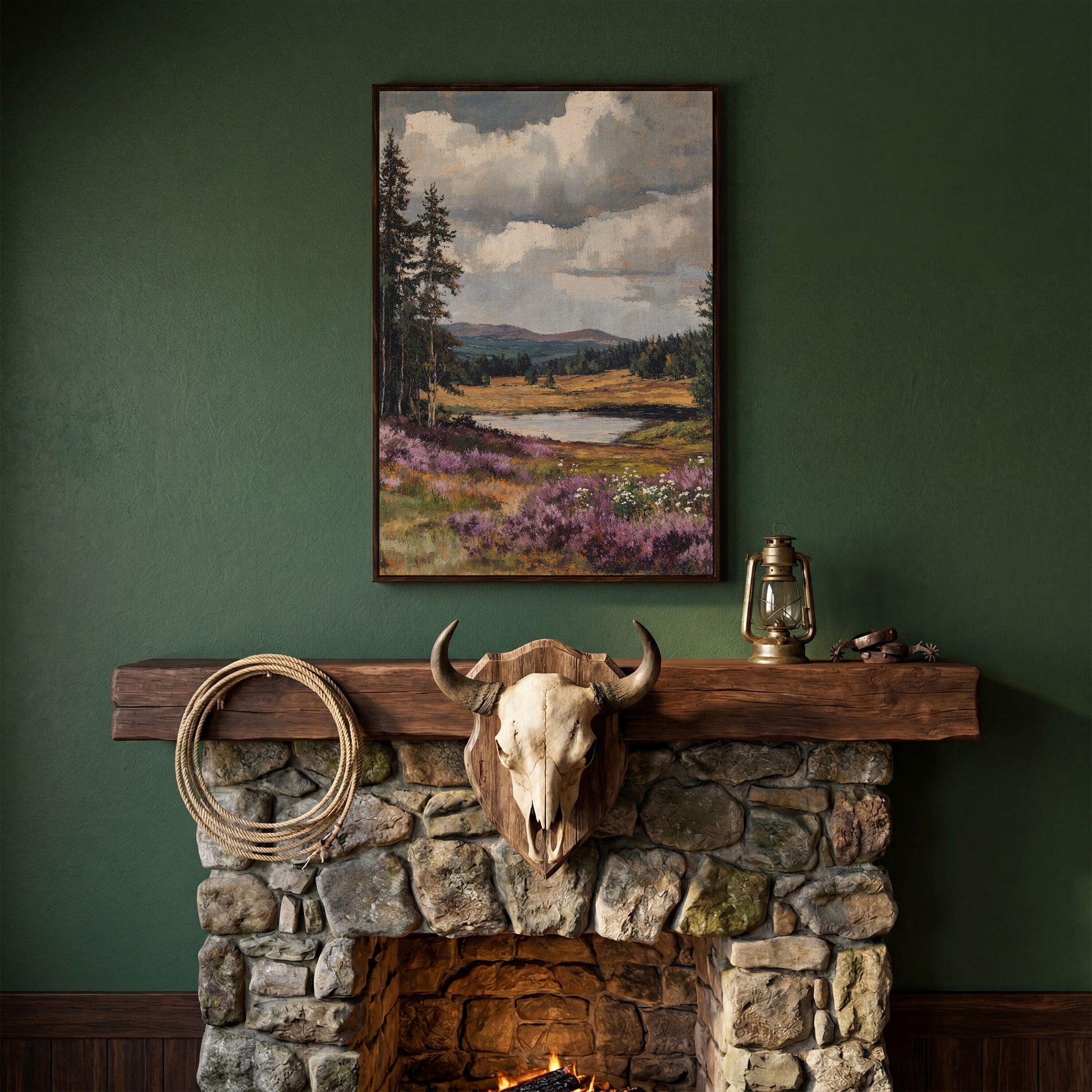 Serene Vintage Landscape with Lavender Meadow canvas in dark walnut floating frame
