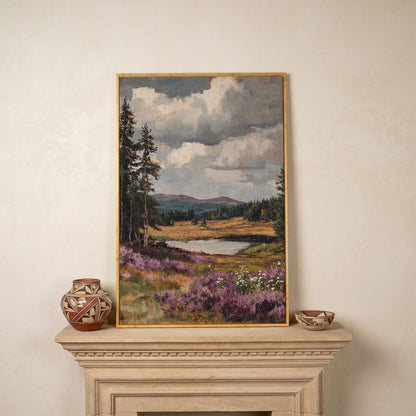 Serene Vintage Landscape with Lavender Meadow canvas in white oak floating frame