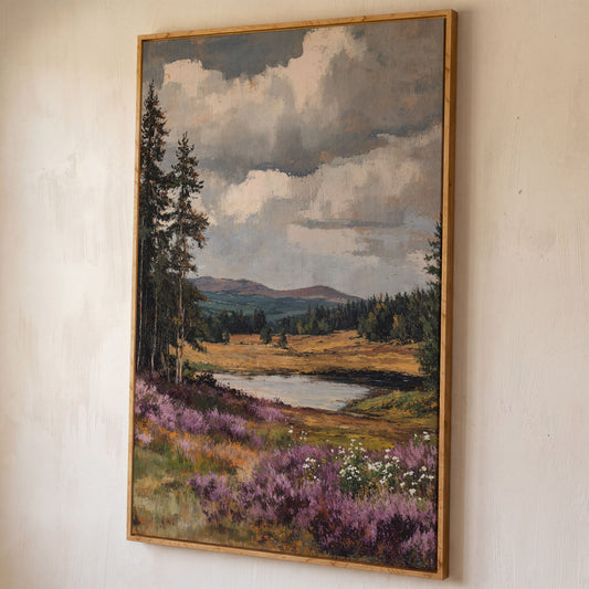 Serene Vintage Landscape with Lavender Meadow canvas shown in white oak floating frame