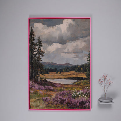 Serene Vintage Landscape with Lavender Meadow canvas in pink floating frame