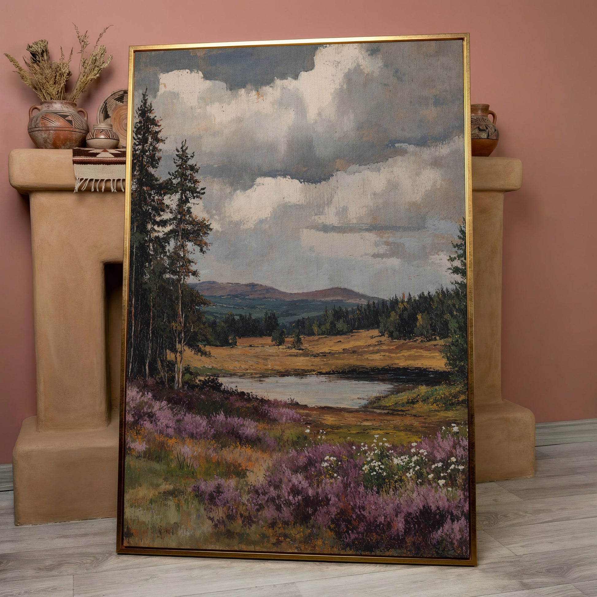 Serene Vintage Landscape with Lavender Meadow canvas in rose gold floating frame