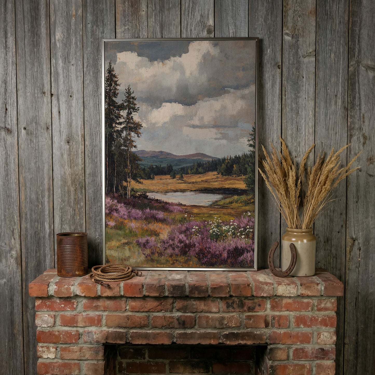 Serene Vintage Landscape with Lavender Meadow canvas in silver floating frame