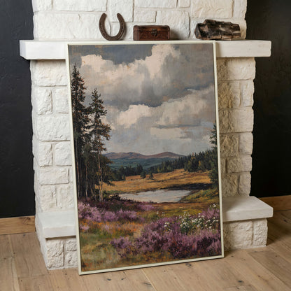 Serene Vintage Landscape with Lavender Meadow canvas in white floating frame