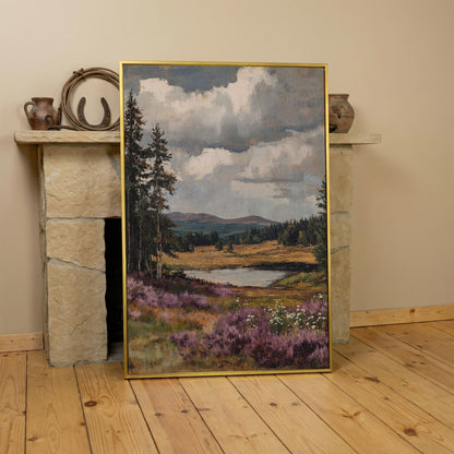 Serene Vintage Landscape with Lavender Meadow canvas in yellow gold floating frame