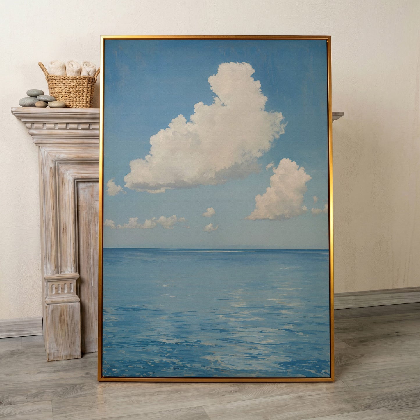 White Clouds and Calm Blue Sea Canvas in antique gold floating frame