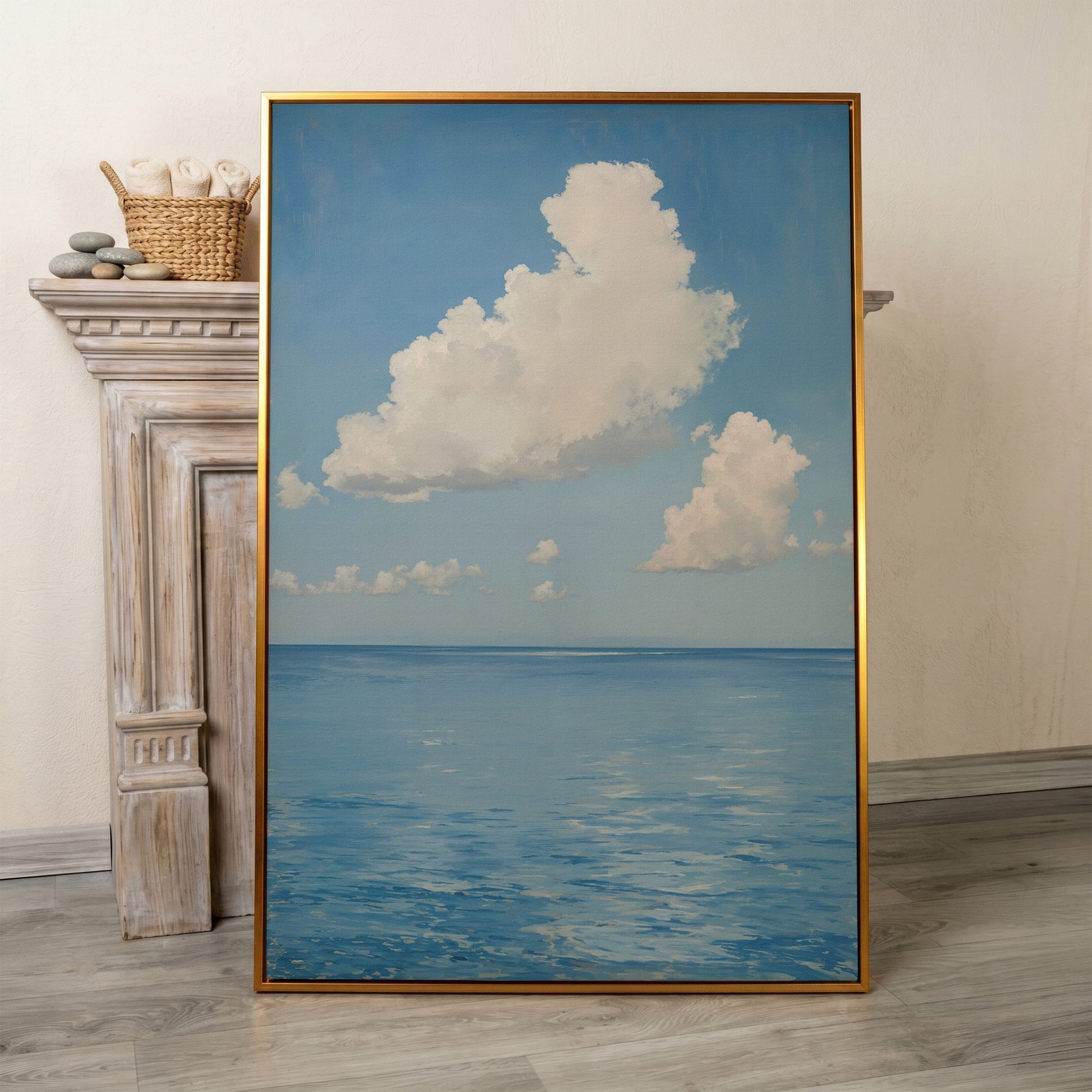 White Clouds and Calm Blue Sea Canvas in antique gold floating frame