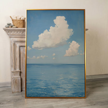 White Clouds and Calm Blue Sea Canvas in antique gold floating frame