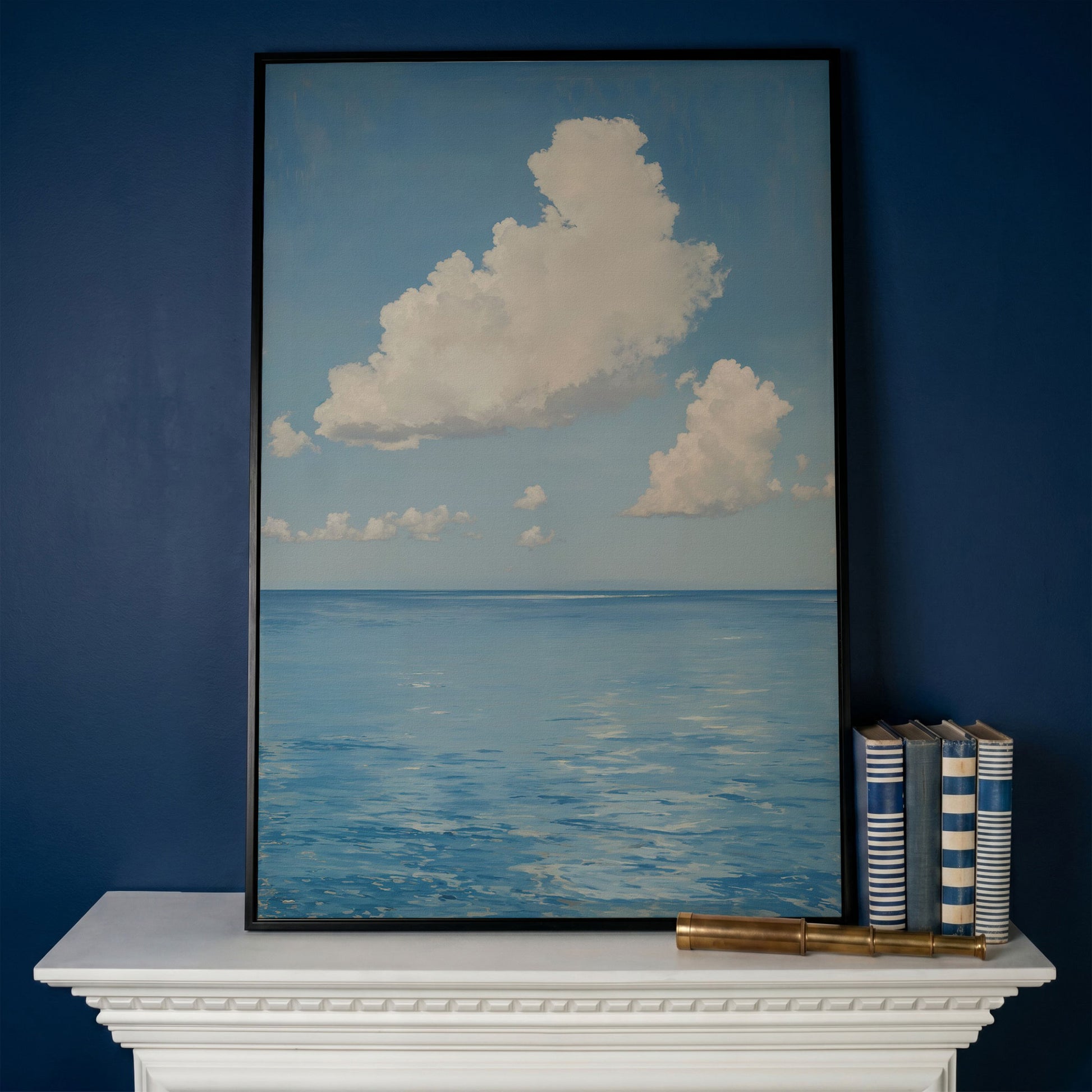 White Clouds and Calm Blue Sea Canvas in black floating frame