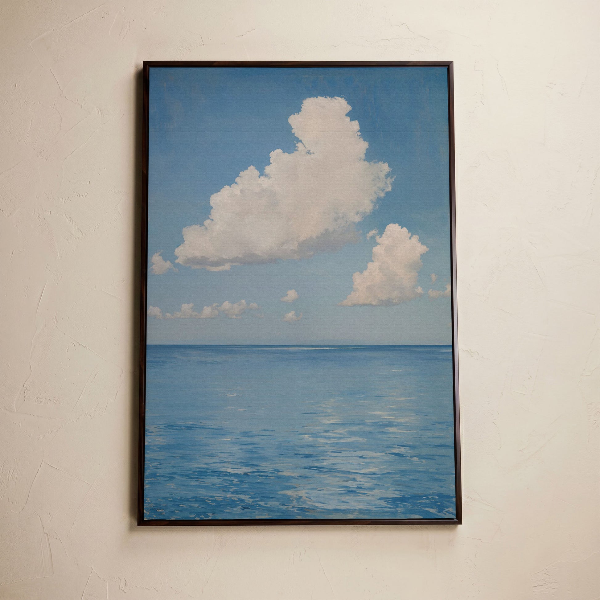 White Clouds and Calm Blue Sea Canvas in dark walnut floating frame