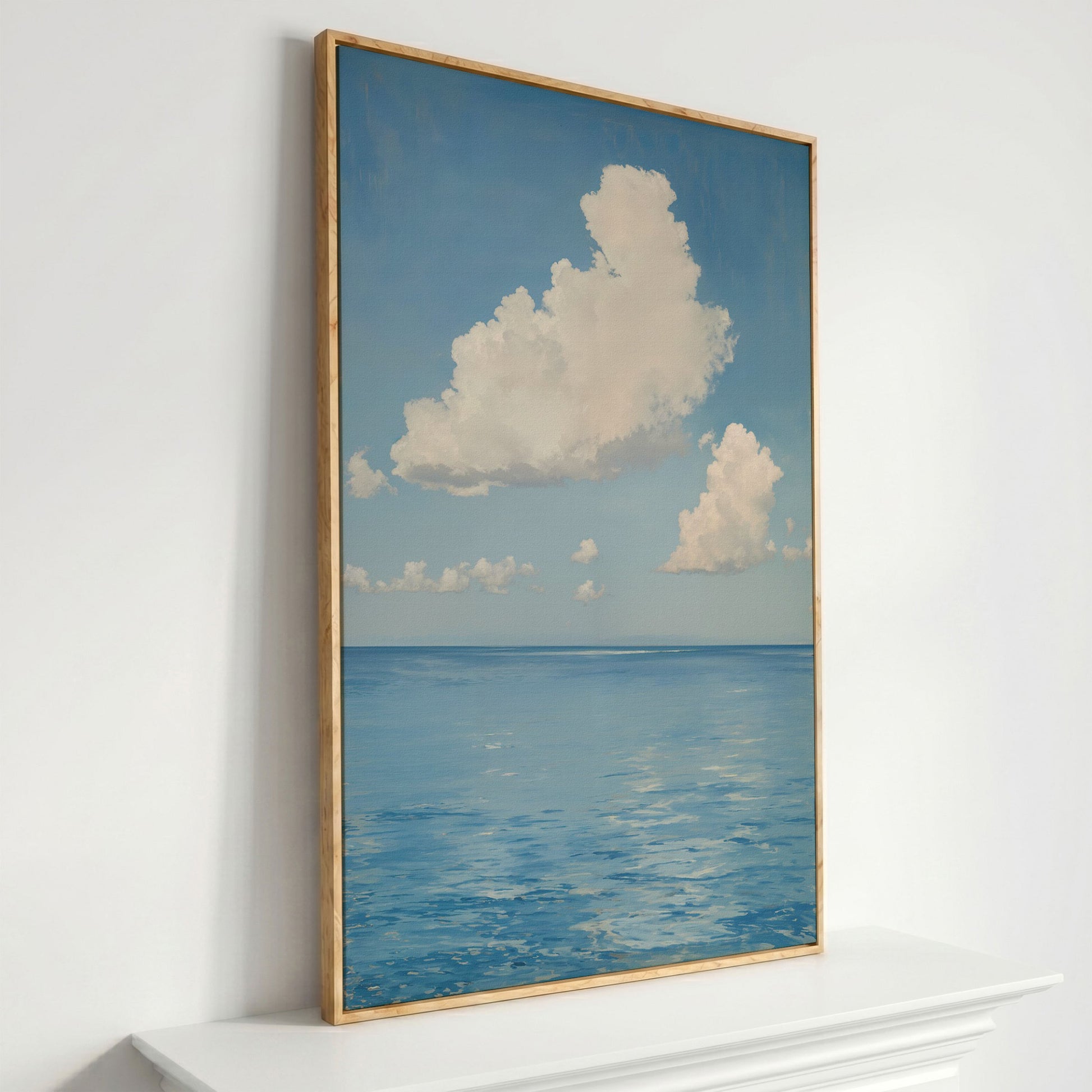 White Clouds and Calm Blue Sea Canvas in white oak floating frame