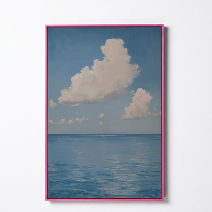 White Clouds and Calm Blue Sea Canvas in pink floating frame