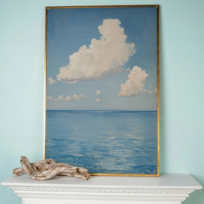 White Clouds and Calm Blue Sea Canvas in rose gold floating frame