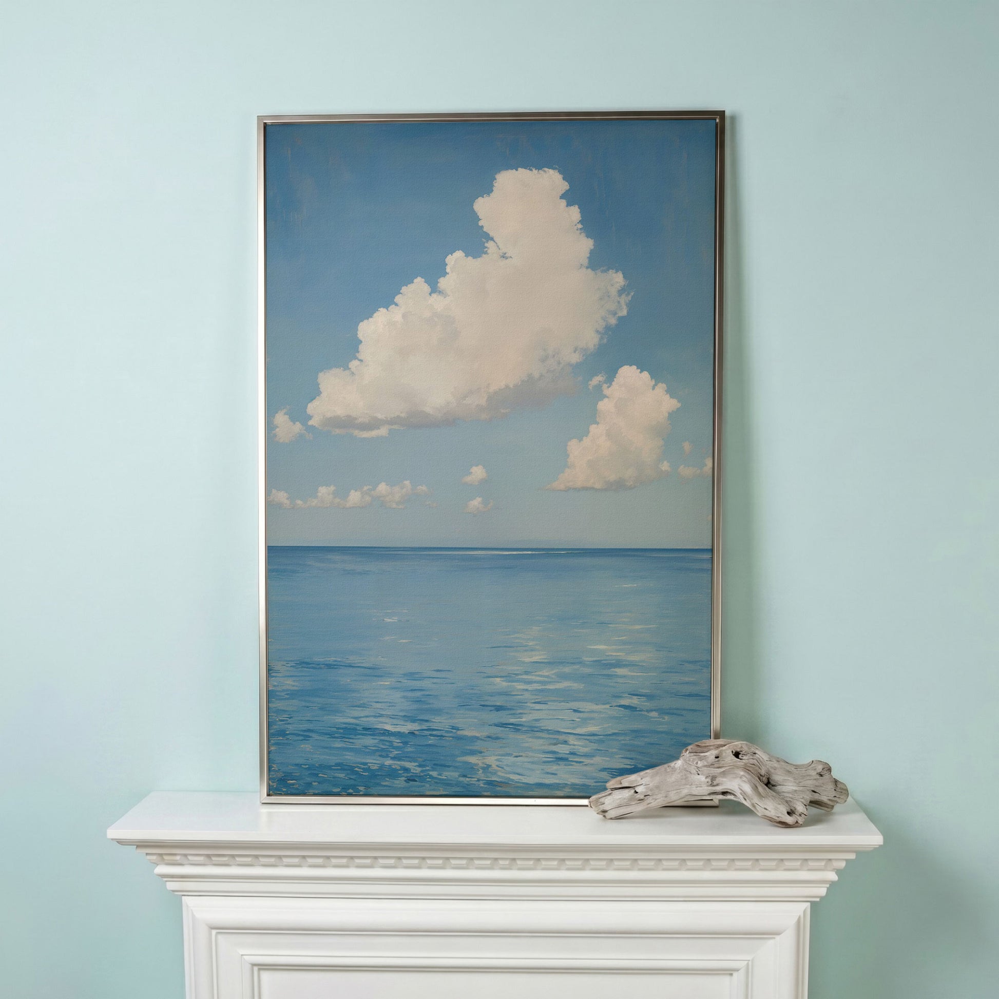 White Clouds and Calm Blue Sea Canvas in silver floating frame
