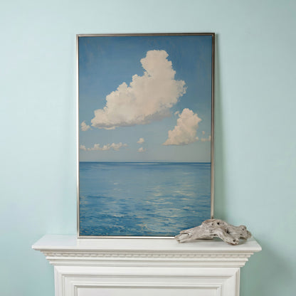 White Clouds and Calm Blue Sea Canvas in silver floating frame