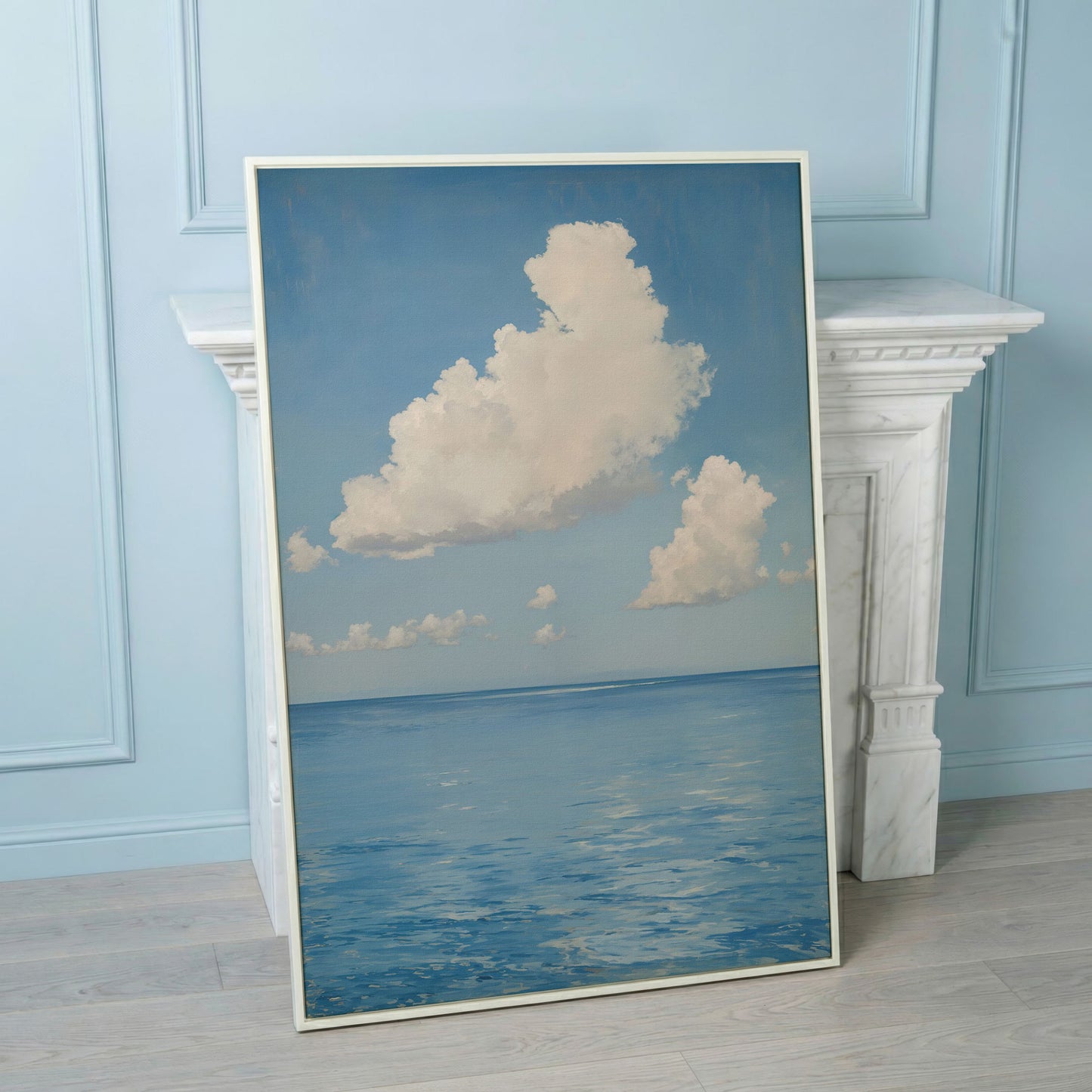 White Clouds and Calm Blue Sea Canvas in white floating frame