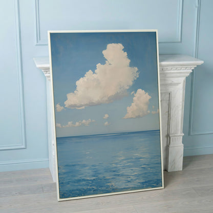 White Clouds and Calm Blue Sea Canvas in white floating frame