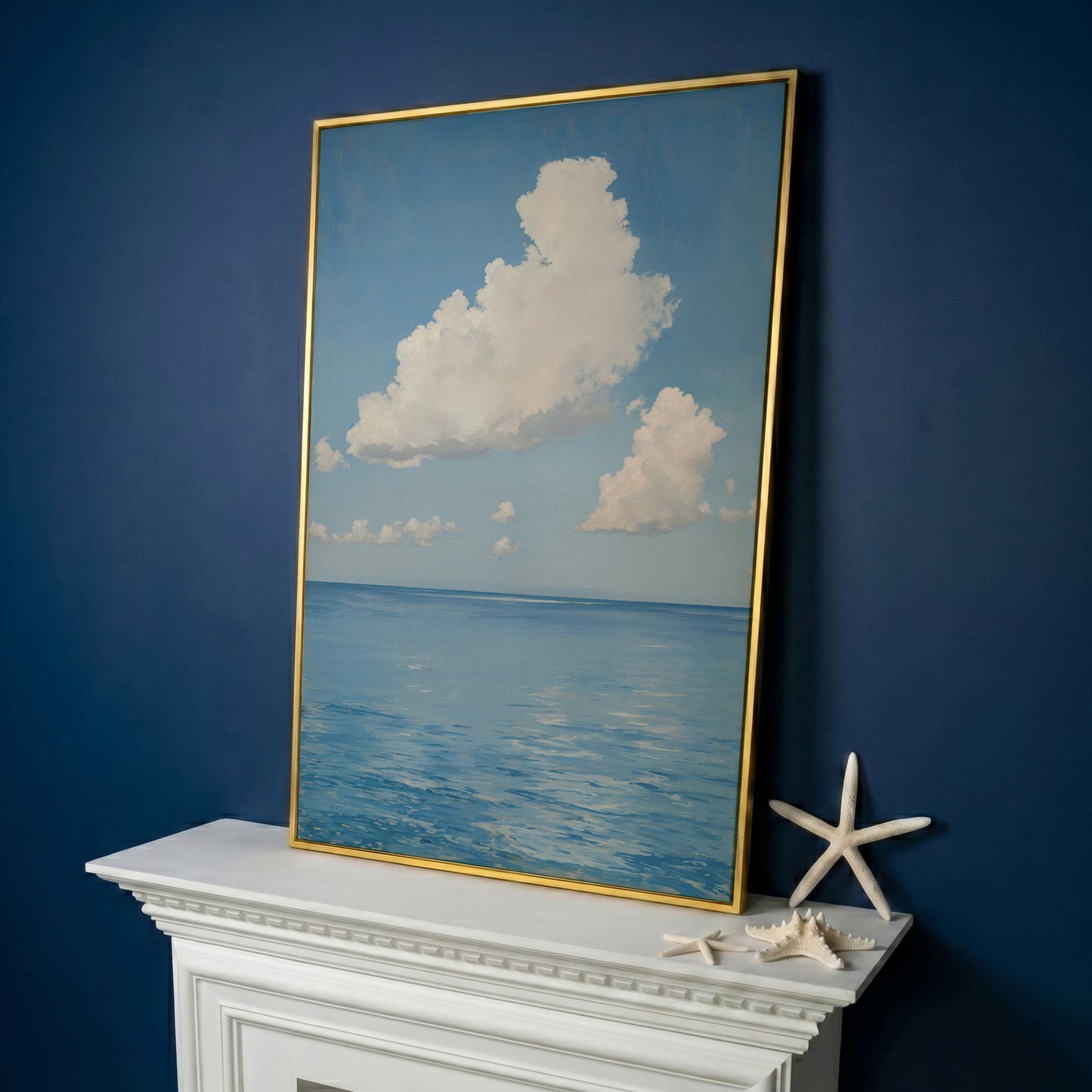 White Clouds and Calm Blue Sea Canvas in yellow gold floating frame