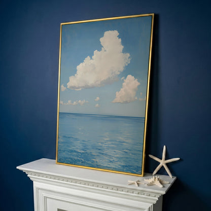 White Clouds and Calm Blue Sea Canvas in yellow gold floating frame