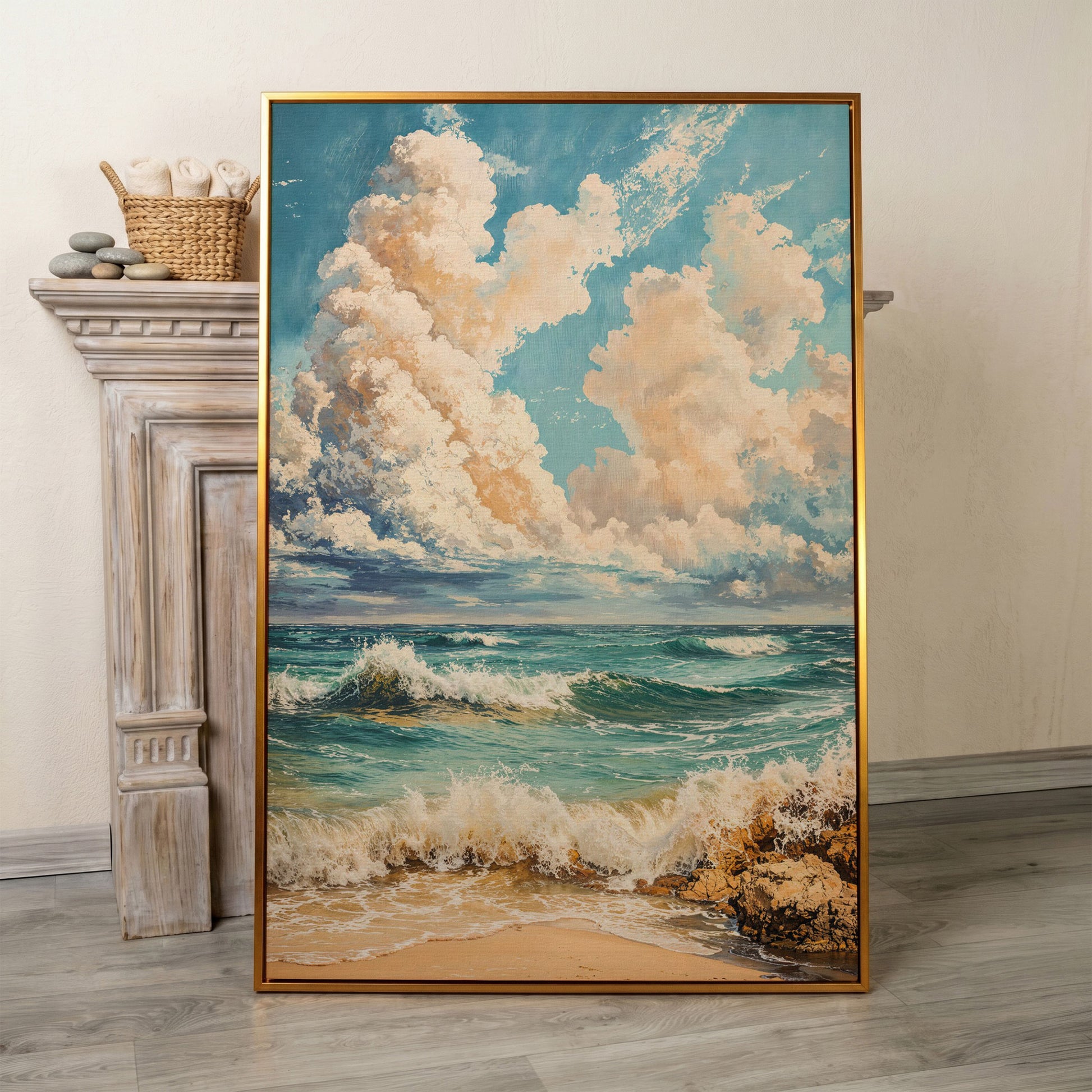 Ocean Waves at Shore Canvas Print in antique gold floating frame