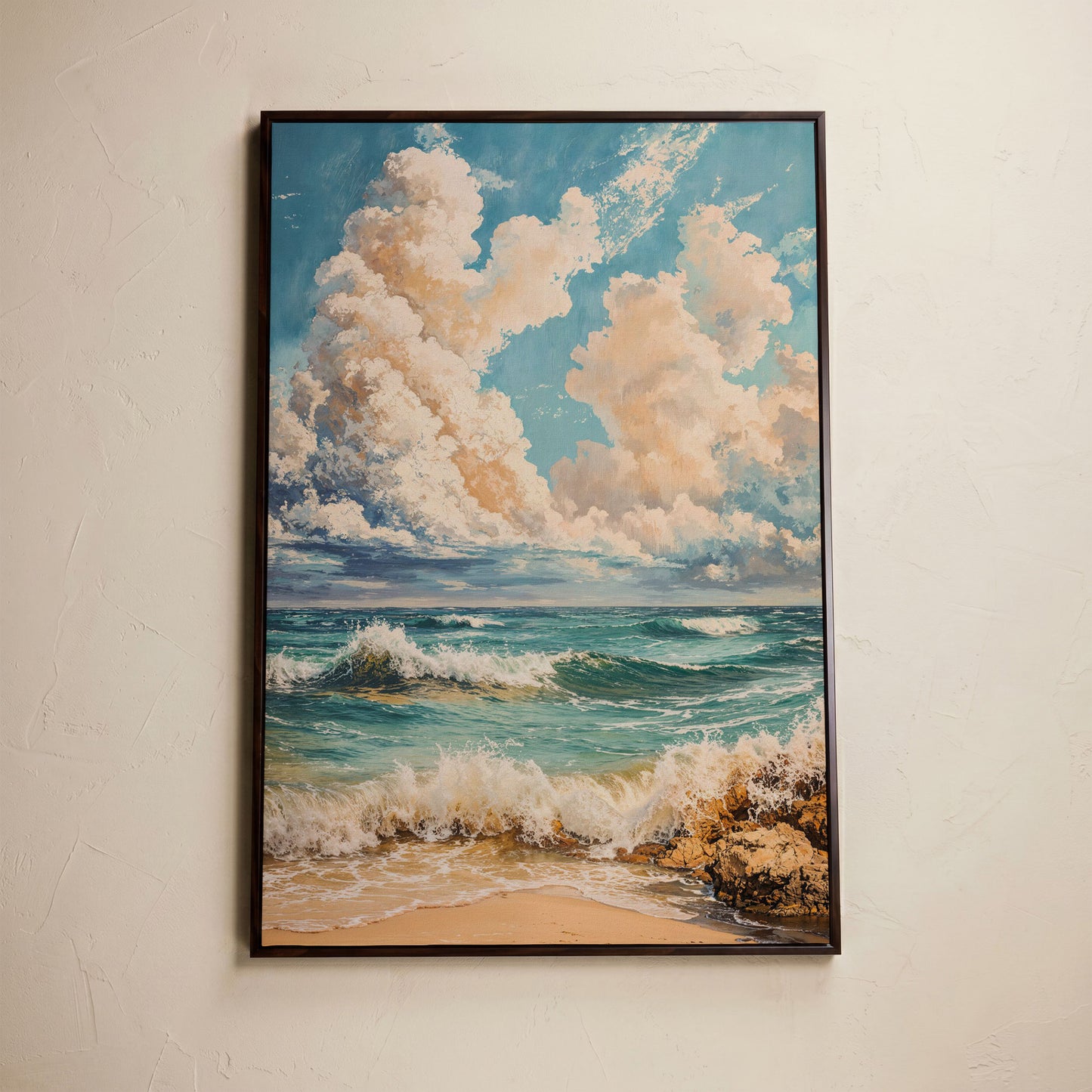 Ocean Waves at Shore Canvas Print in dark walnut floating frame