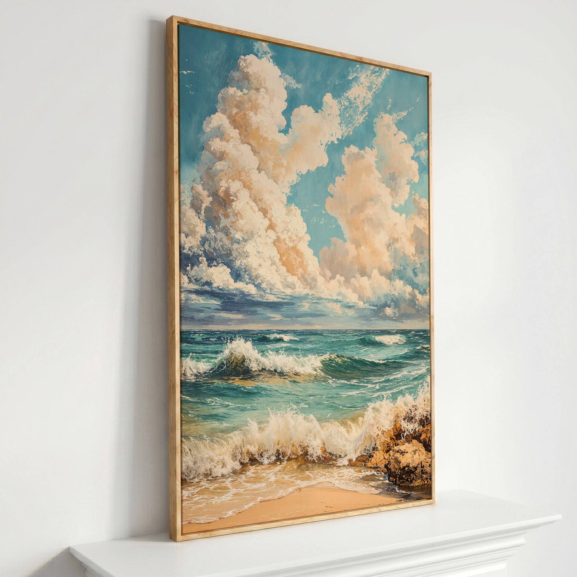 Ocean Waves at Shore Canvas Print in white oak floating frame