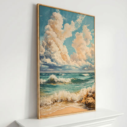 Ocean Waves at Shore Canvas Print in white oak floating frame