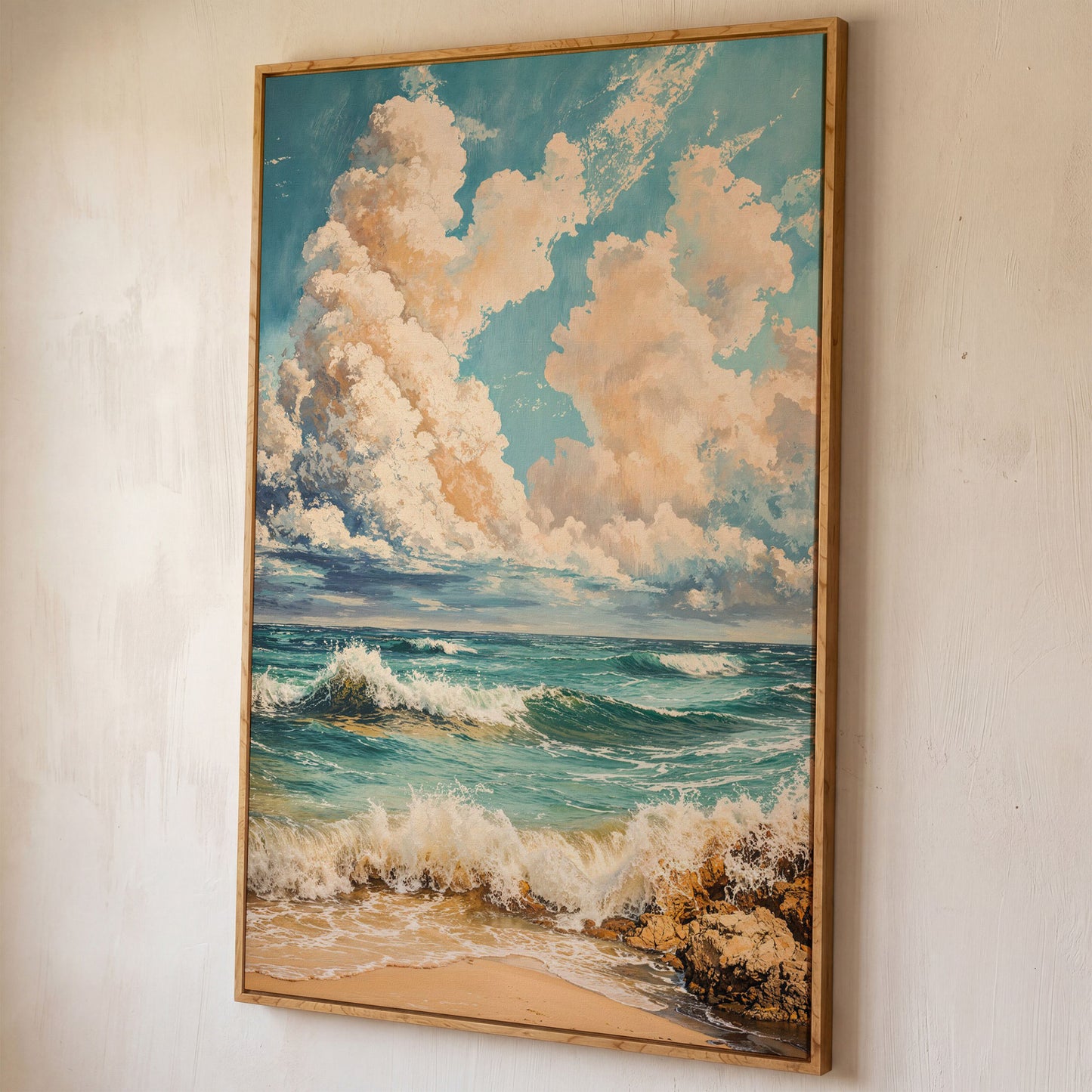 Ocean Waves at Shore Canvas Print shown in white oak floating frame