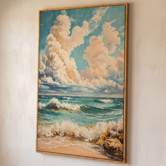 Ocean Waves at Shore Canvas Print shown in white oak floating frame