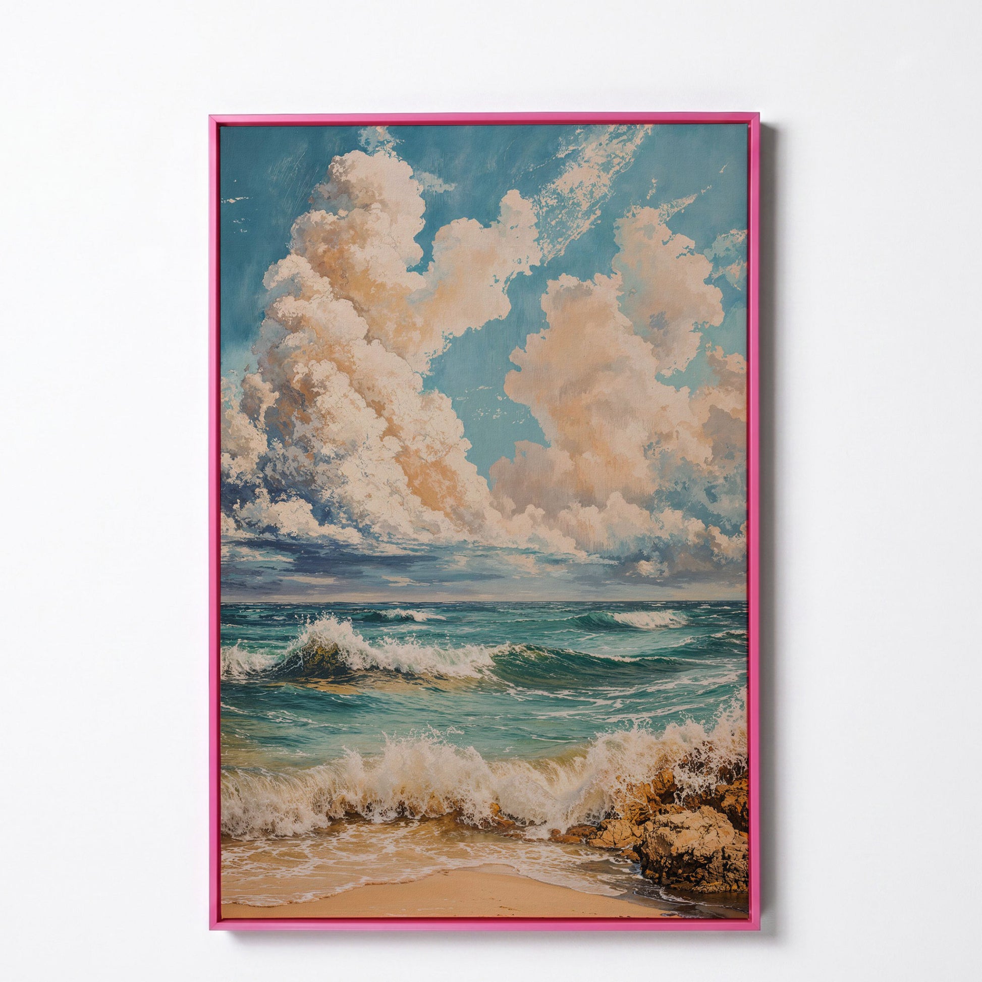 Ocean Waves at Shore Canvas Print in pink floating frame