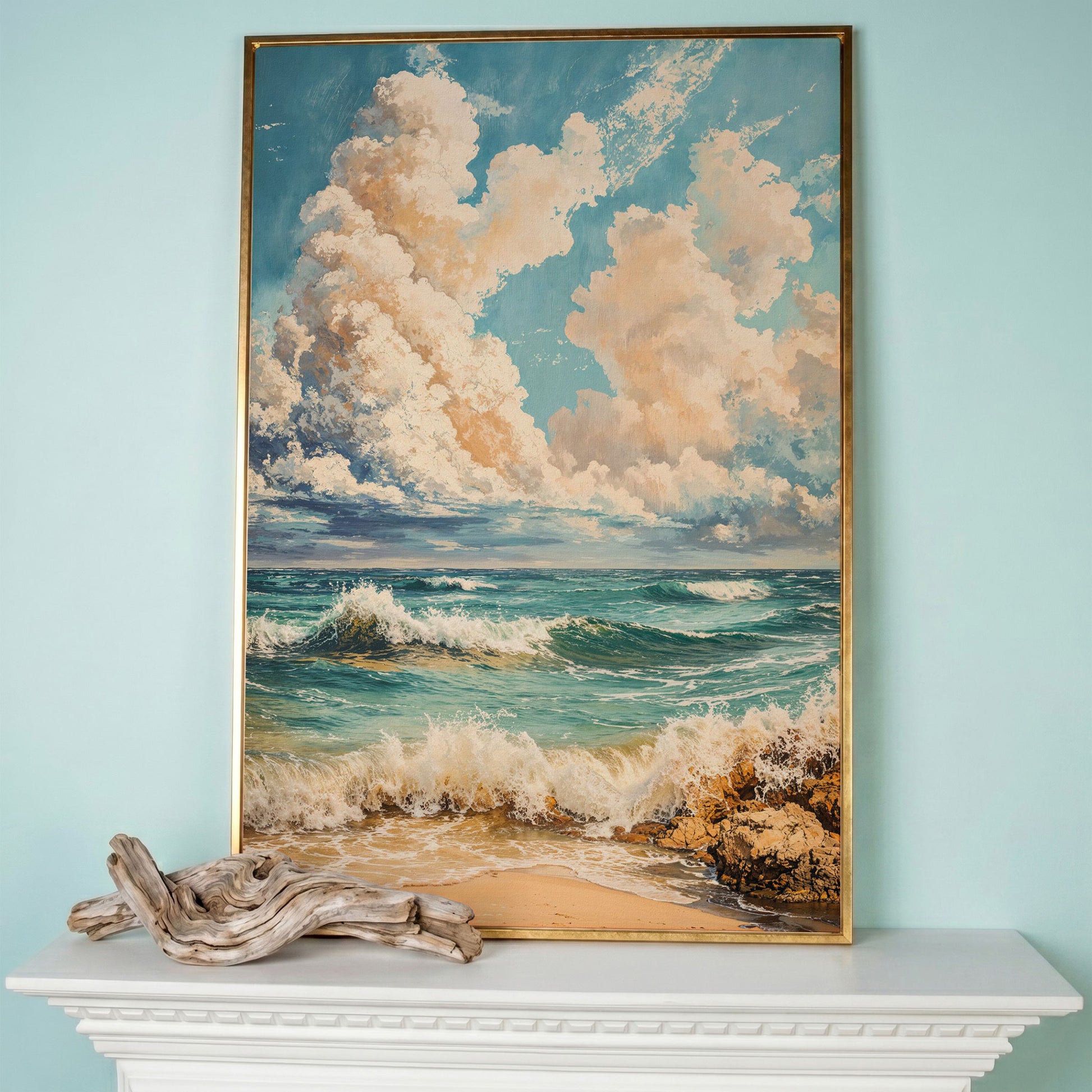 Ocean Waves at Shore Canvas Print in rose gold floating frame