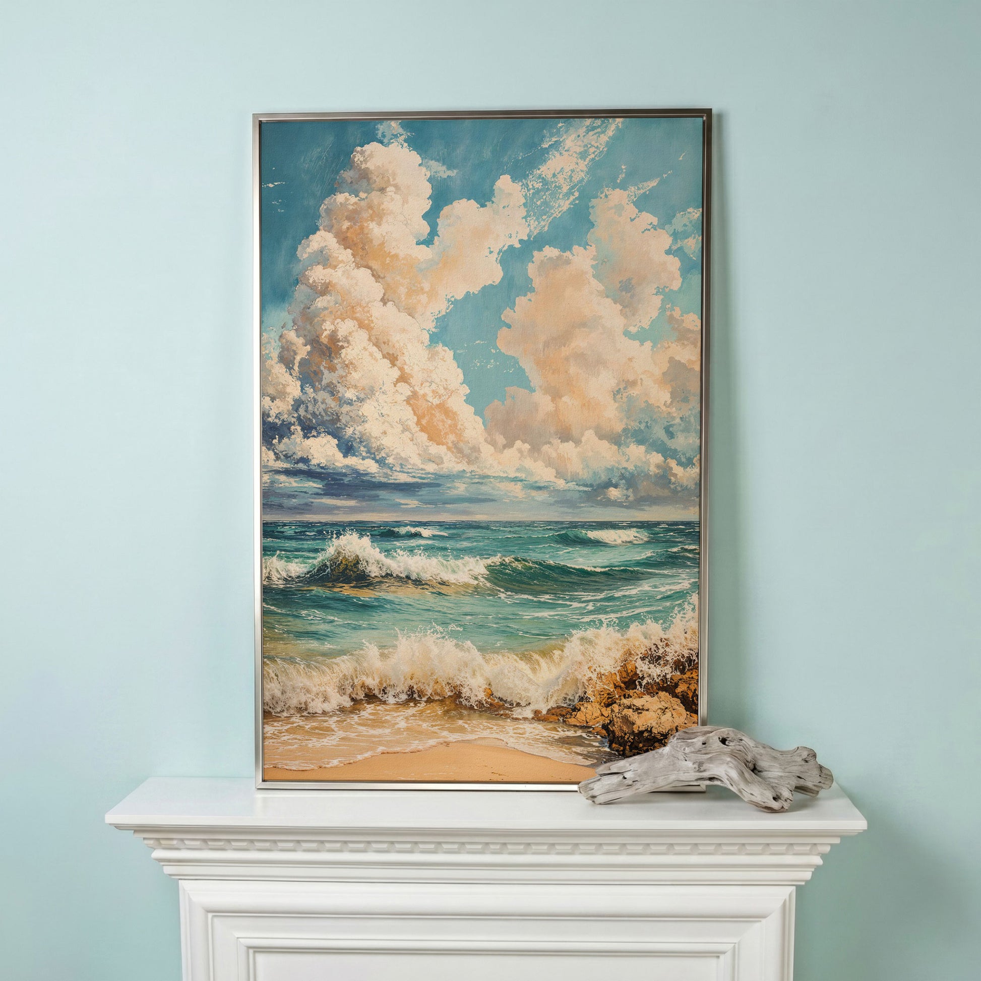 Ocean Waves at Shore Canvas Print in silver floating frame