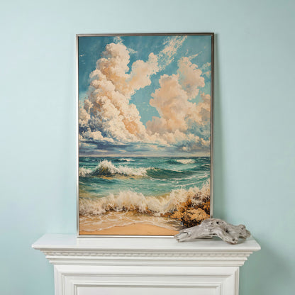 Ocean Waves at Shore Canvas Print in silver floating frame