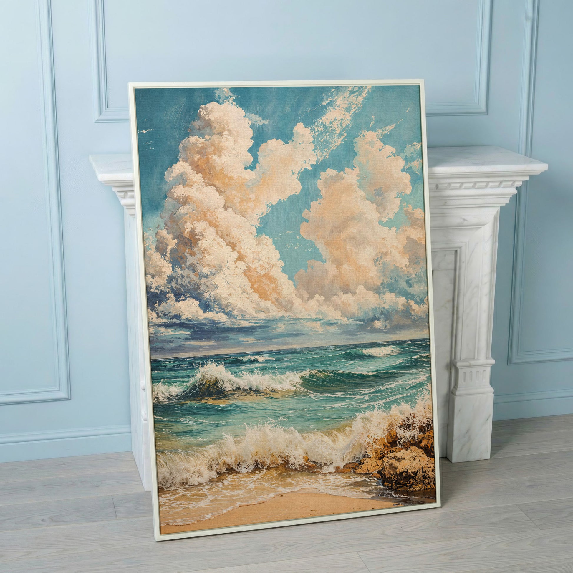 Ocean Waves at Shore Canvas Print in white floating frame