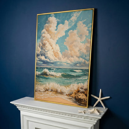 Ocean Waves at Shore Canvas Print in yellow gold floating frame