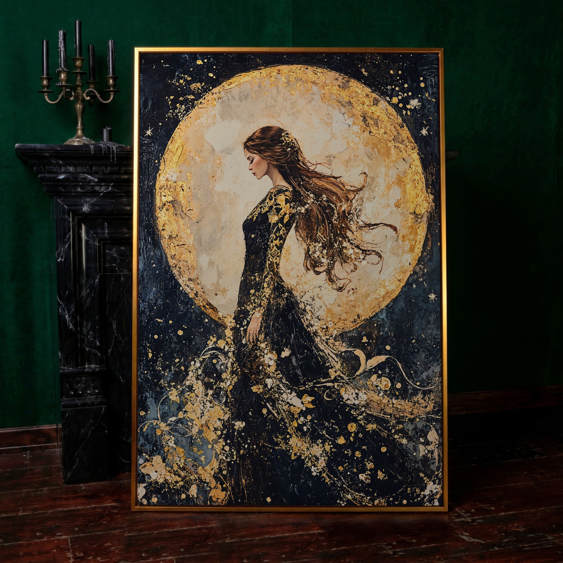 Moon Goddess Canvas in Indigo and Gold in antique gold floating frame