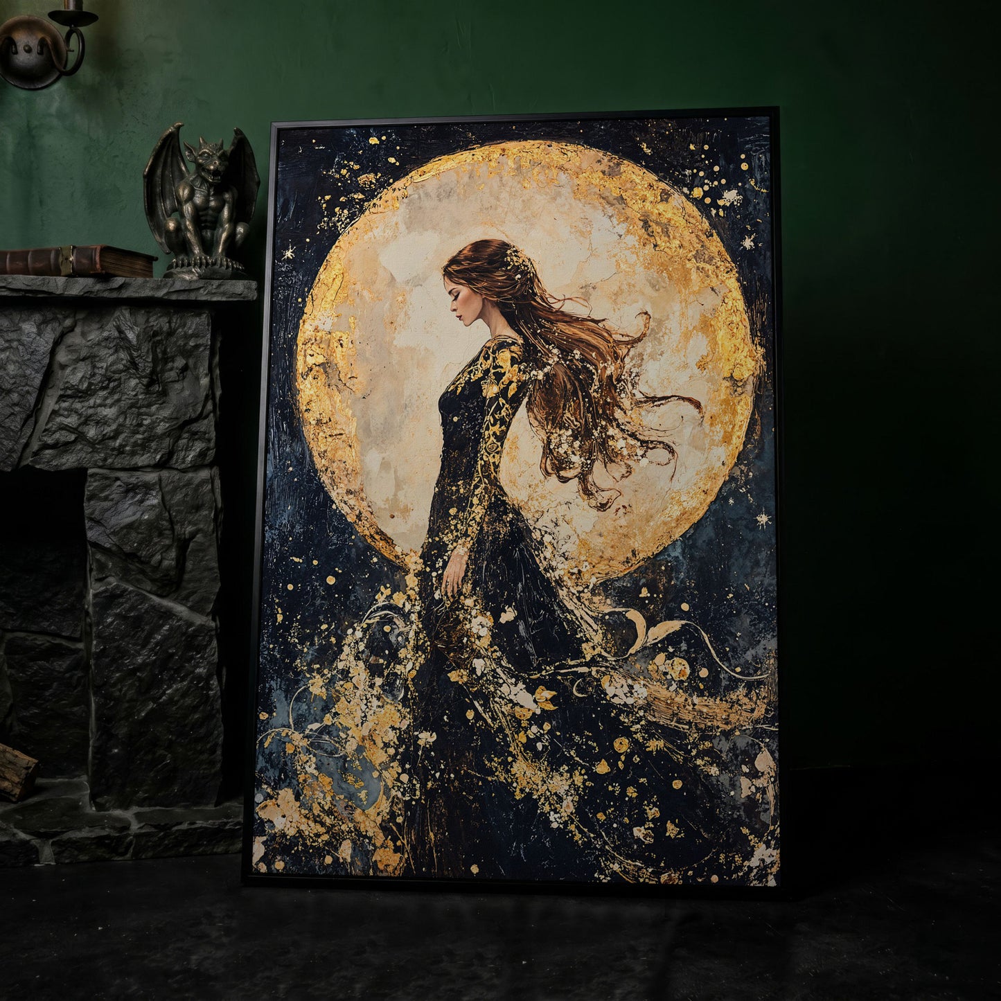 Moon Goddess Canvas in Indigo and Gold in black floating frame