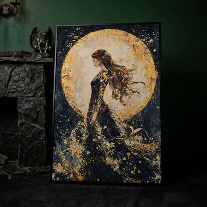 Moon Goddess Canvas in Indigo and Gold in black floating frame